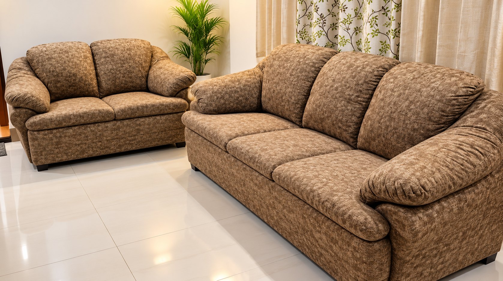 Fabric three seater and two seater after reupholstery by Kapital in Bangalore